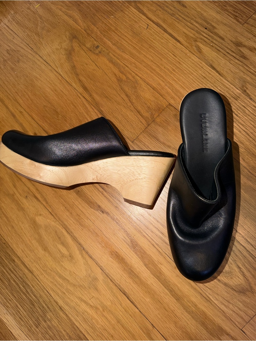 Everlane Black Leather Light Wood The Clog Sz 6.5 Fall Transition Shoes